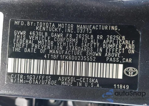 2013 Toyota Camry Se from USA, damaged, VIN 4T1BF1FK6DU235552
